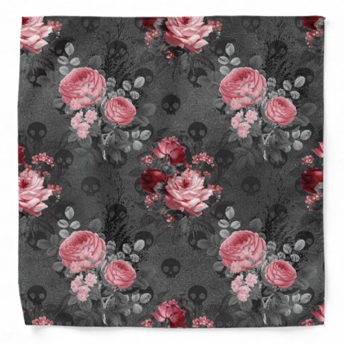 Pink Roses and Skulls on Grey Bandana