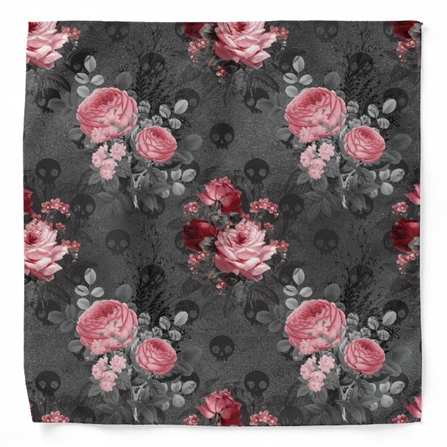 Pink Roses and Skulls on Grey Bandana (Front)