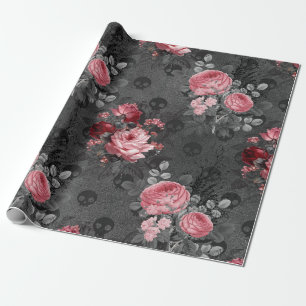 Pink Roses and Skulls on Grey Wrapping Paper