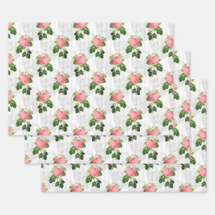 Pink Roses and Skulls on White Wrapping Paper Sheets