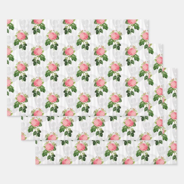 Pink Roses and Skulls on White Wrapping Paper Sheets (Set)