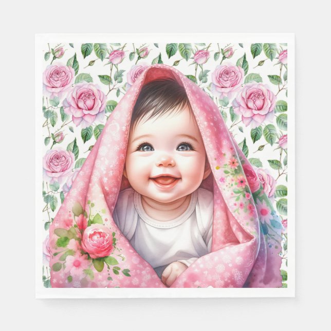 Pink Roses and Smiling Baby Girl's Baby Shower Napkins (Front)