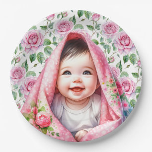 Pink Roses and Smiling Baby Girl's Baby Shower Paper Plates