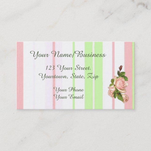 Pink Roses And Stripes Business Card (Front)