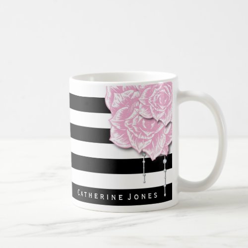 Pink Roses and Stripes Personalized Coffee Mug