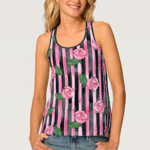 Pink Roses and Stripes Racerback Tank Top
