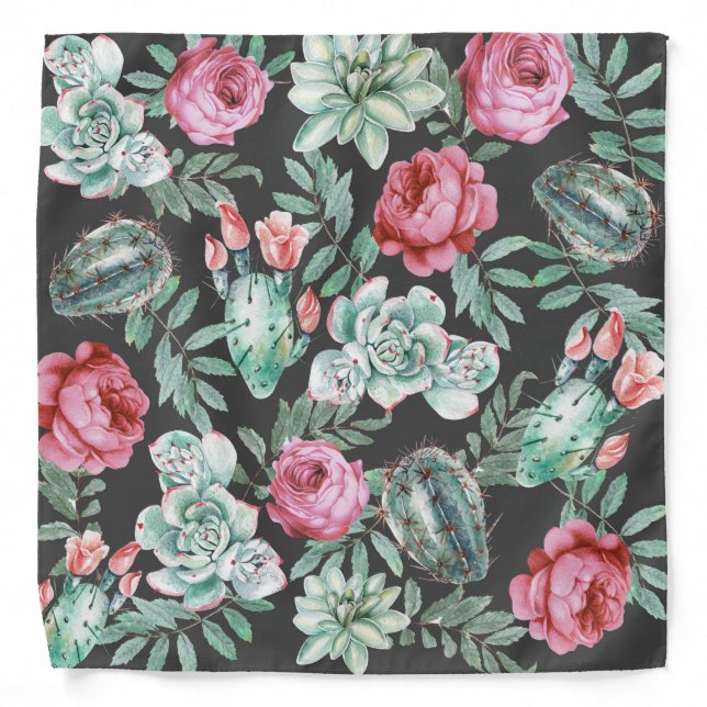 Pink Roses and Succulent Cactus Pattern on Black Bandana (Front)
