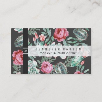 Pink Roses And Succulent Cactus Pattern On Black Business Card by BlackStrawberry_Co at Zazzle