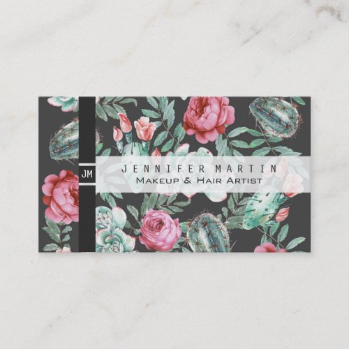 Pink Roses and Succulent Cactus Pattern on Black Business Card