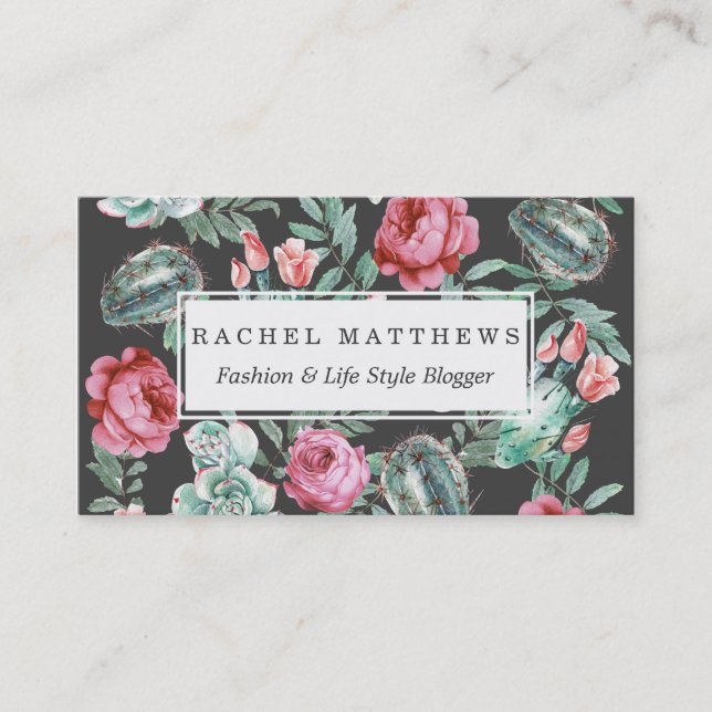 Pink Roses and Succulent Cactus Pattern on Black Business Card (Front)