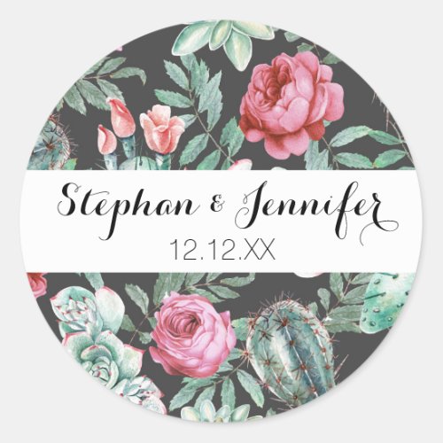 Pink Roses and Succulent Cactus Pattern on Black Classic Round Sticker