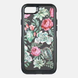 Pink Roses and Succulent Cactus Pattern on Black OtterBox Commuter iPhone SE/8/7 Case