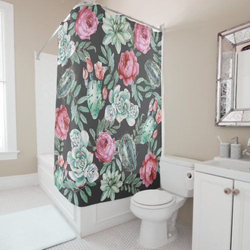 Pink Roses and Succulent Cactus Pattern on Black Shower Curtain