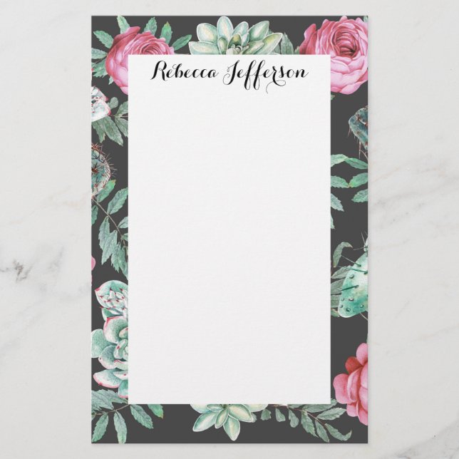 Pink Roses and Succulent Cactus Pattern on Black Stationery (Front)