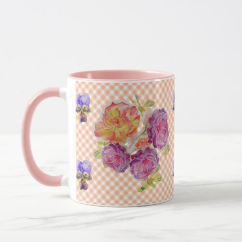 Pink Roses and Violets check Shabby Watercolor Mug
