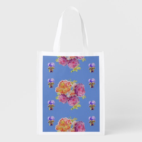 Pink Roses and Violets floral Reusable Grocery Bag