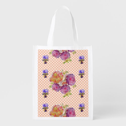 Pink Roses and Violets floral Reusable Grocery Bag