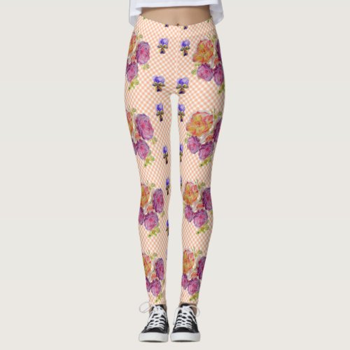 Pink Roses and Violets Shabby watercolor Leggings