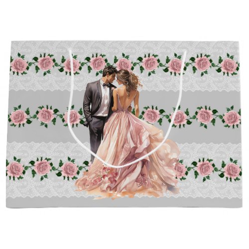 Pink Roses And Wedding Lace  Large Gift Bag