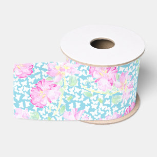 Pink Roses and White Butterflies on Blue Ribbon