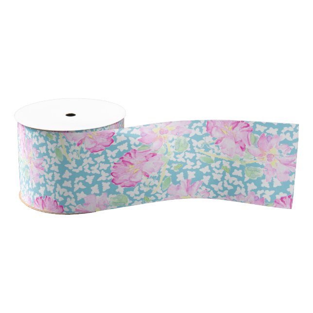 Pink Roses and White Butterflies on Blue Ribbon (Spool)