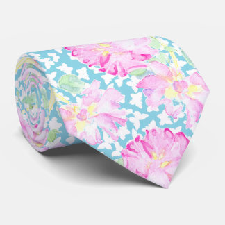 Pink Roses and White Butterflies on Turquoise Blue Tie
