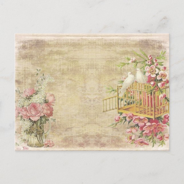 Pink Roses and White Doves on Tan Vintage Style Postcard (Front)