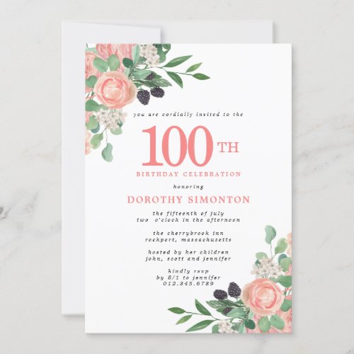 Pink Roses and White Floral 100th Birthday Invitation