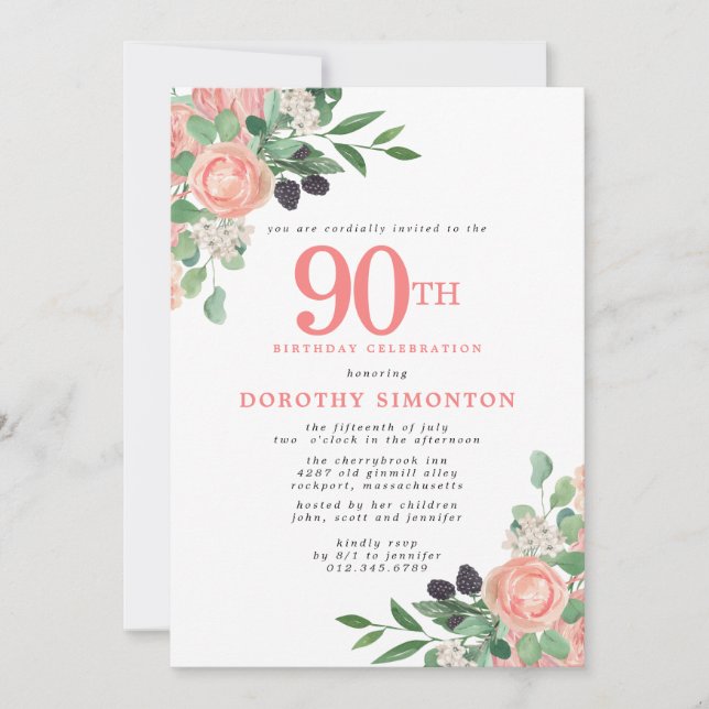 Pink Roses and White Floral 90th Birthday Invitation (Front)