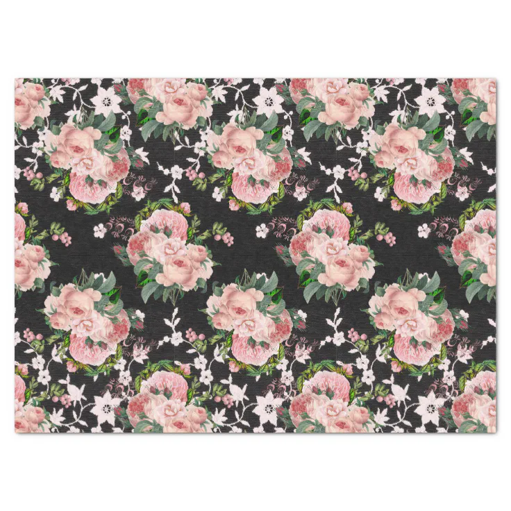 Pink Roses and White Flowers on Black Decoupage Tissue Paper | Zazzle