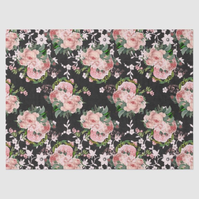Pink Roses and White Flowers on Black Decoupage Tissue Paper (Front)