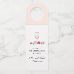 Pink roses and wine. Floral wedding thank you Bottle Hanger Tag