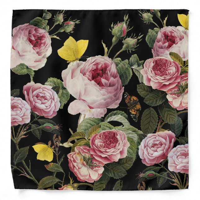PINK ROSES AND YELLOW BUTTERFLIES Black Floral Bandana (Front)
