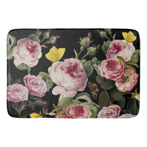 PINK ROSES AND YELLOW BUTTERFLIES Black Floral Bath Mat