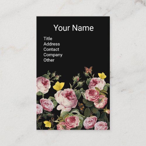 PINK ROSES AND YELLOW BUTTERFLIES Black Floral Business Card
