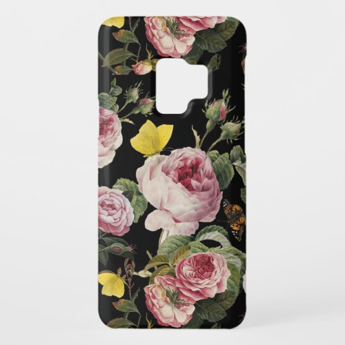 PINK ROSES AND YELLOW BUTTERFLIES Black Floral Case_Mate Samsung Galaxy S9 Case