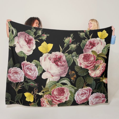 PINK ROSES AND YELLOW BUTTERFLIES Black Floral Fleece Blanket