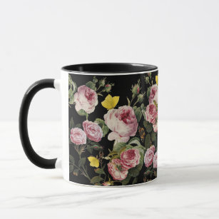 PINK ROSES AND YELLOW BUTTERFLIES Black Floral Mug