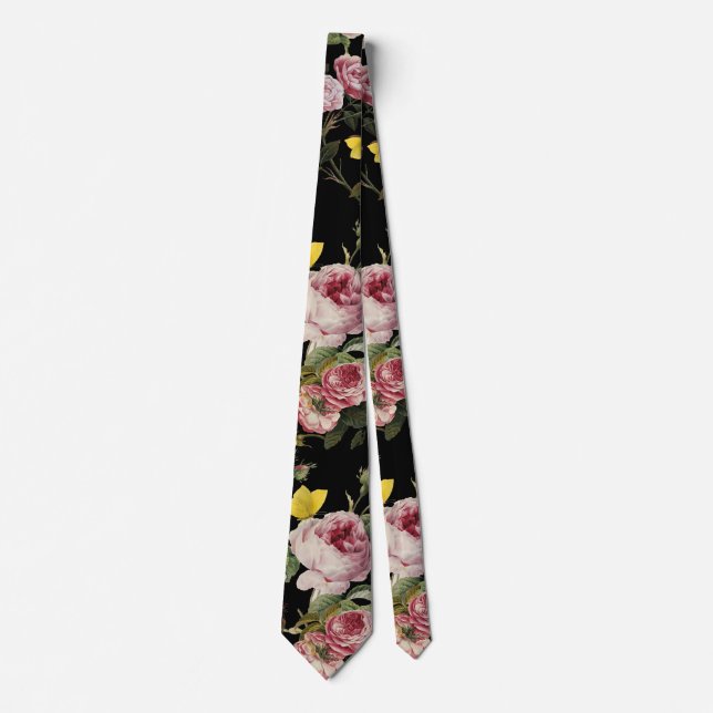 PINK ROSES AND YELLOW BUTTERFLIES Black Floral  Neck Tie (Front)