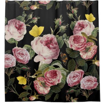 Pink Roses And Yellow Butterflies Black Floral Shower Curtain by bulgan_lumini at Zazzle