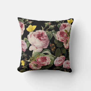 PINK ROSES AND YELLOW BUTTERFLIES Black Floral Throw Pillow