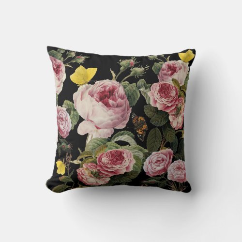 PINK ROSES AND YELLOW BUTTERFLIES Black Floral Throw Pillow