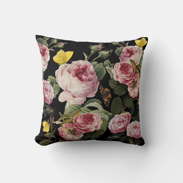 PINK ROSES AND YELLOW BUTTERFLIES Black Floral Throw Pillow (Front)