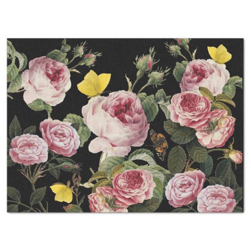 PINK ROSES AND YELLOW BUTTERFLIES Black Floral Tissue Paper