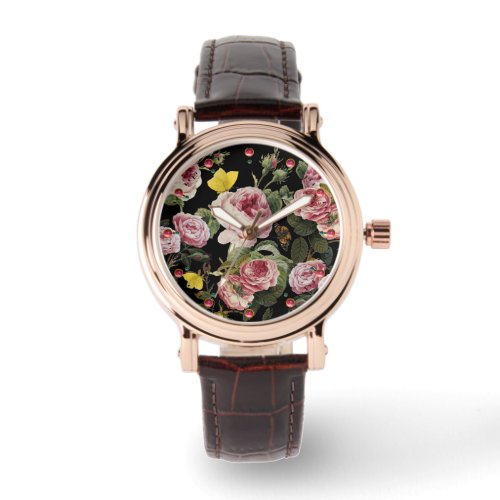 PINK ROSES AND YELLOW BUTTERFLIES Black Floral Watch