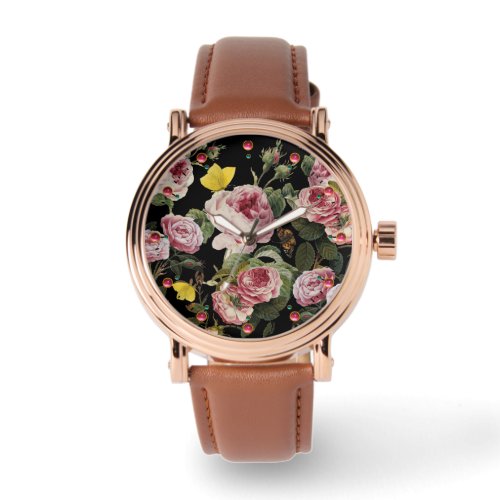 PINK ROSES AND YELLOW BUTTERFLIES Black Floral Watch