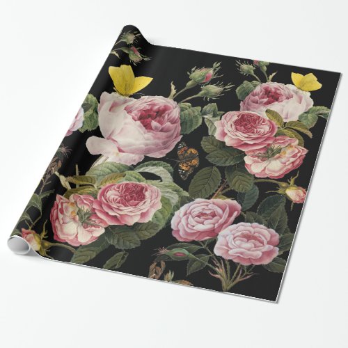 PINK ROSES AND YELLOW  BUTTERFLIES Black Floral Wrapping Paper