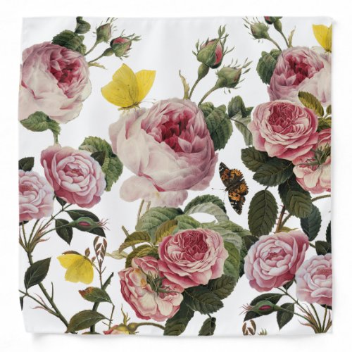 PINK ROSES AND YELLOW BUTTERFLIES White Floral Bandana