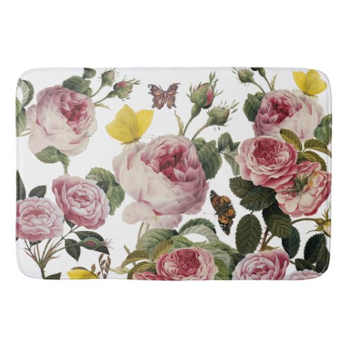 PINK ROSES AND YELLOW BUTTERFLIES White Floral Bath Mat