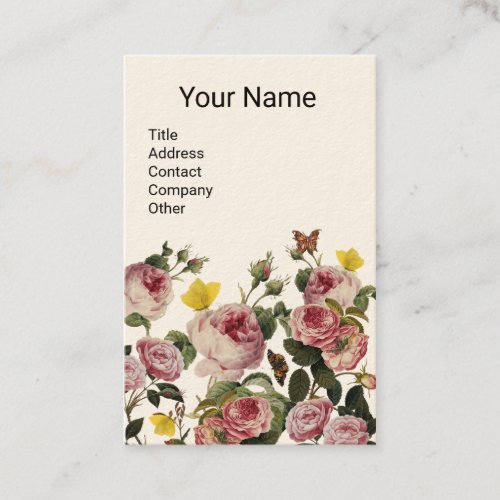 PINK ROSES AND YELLOW BUTTERFLIES White Floral Business Card